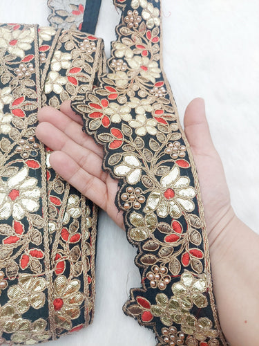 Art Silk Fabric Trim, Floral Embroidery Gold Gota Patti Indian Sari Border Trim By Yard Decorative Trim, Embroidered Indian Foil Work